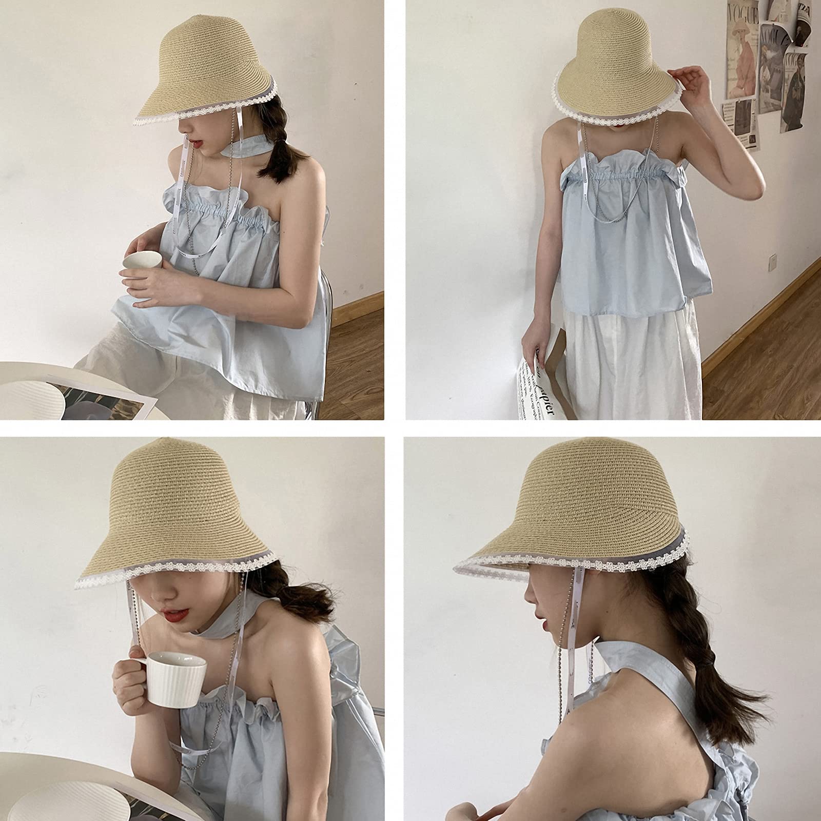 Geflochtener winddichter Strohhut für Damen mit Spitze, dünner, atmungsaktiver Sommer Sonnenhut, modischer eimerhut am Meer, Strandurlaub,Beige,One Size