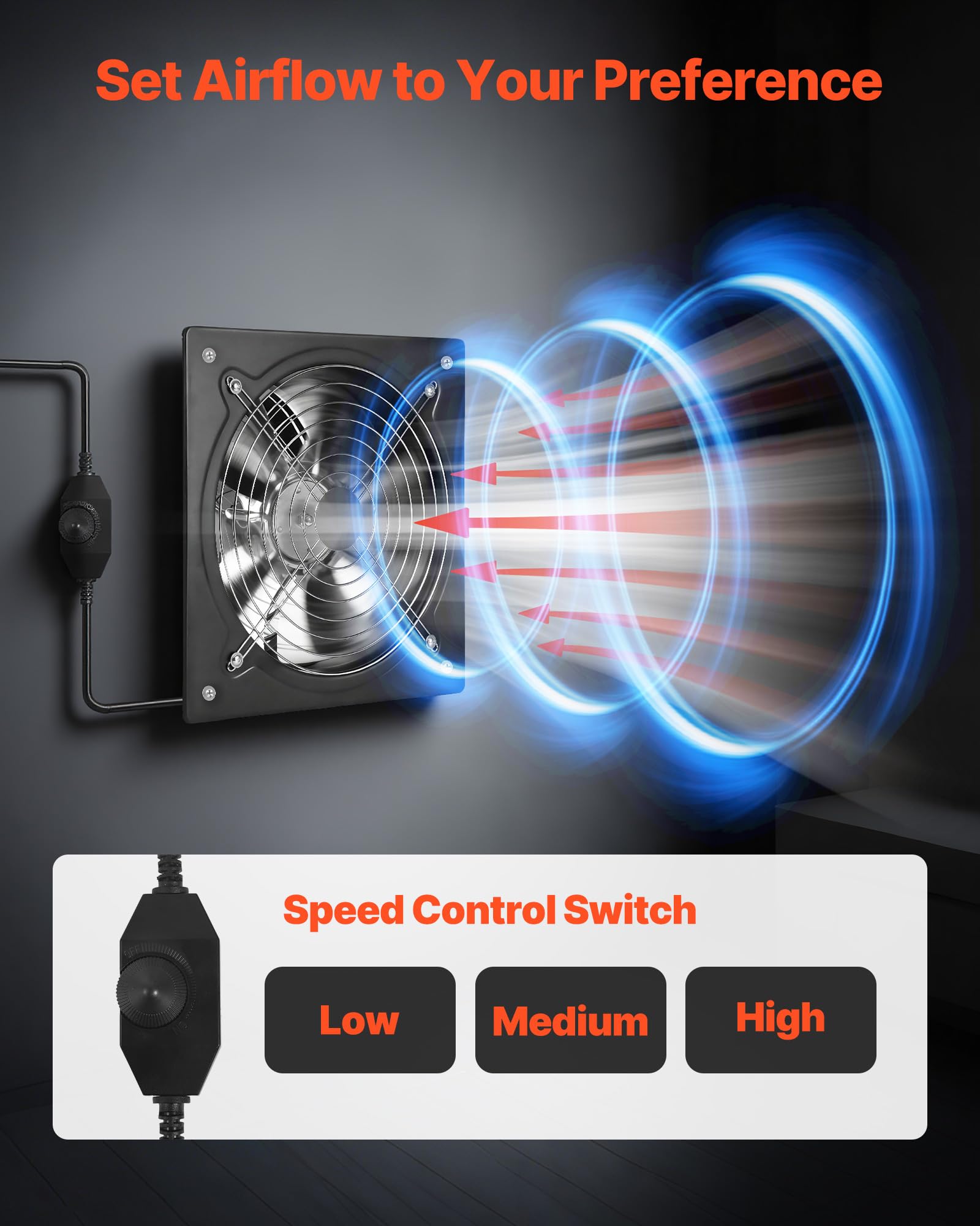 VEVOR Ventilatore di Scarico da 304 mm, Ventilatore di Sfiato a Parete ad Alta Velocità da 1558 CFM con Controllo della Velocità, Basso Consumo da 70 W, per Soffitta, Garage, Cantina, Officina - 4