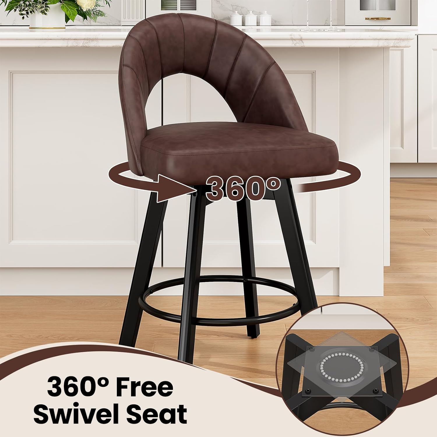 REONEY Bar Stools Set of 2, 24” Swivel Counter Height Barstool with PU Leather Upholstered Seat, Hollow Curved Back, Solid Wood Legs & Metal Footrest, Kitchen Island Chairs for Dining Room, Brown