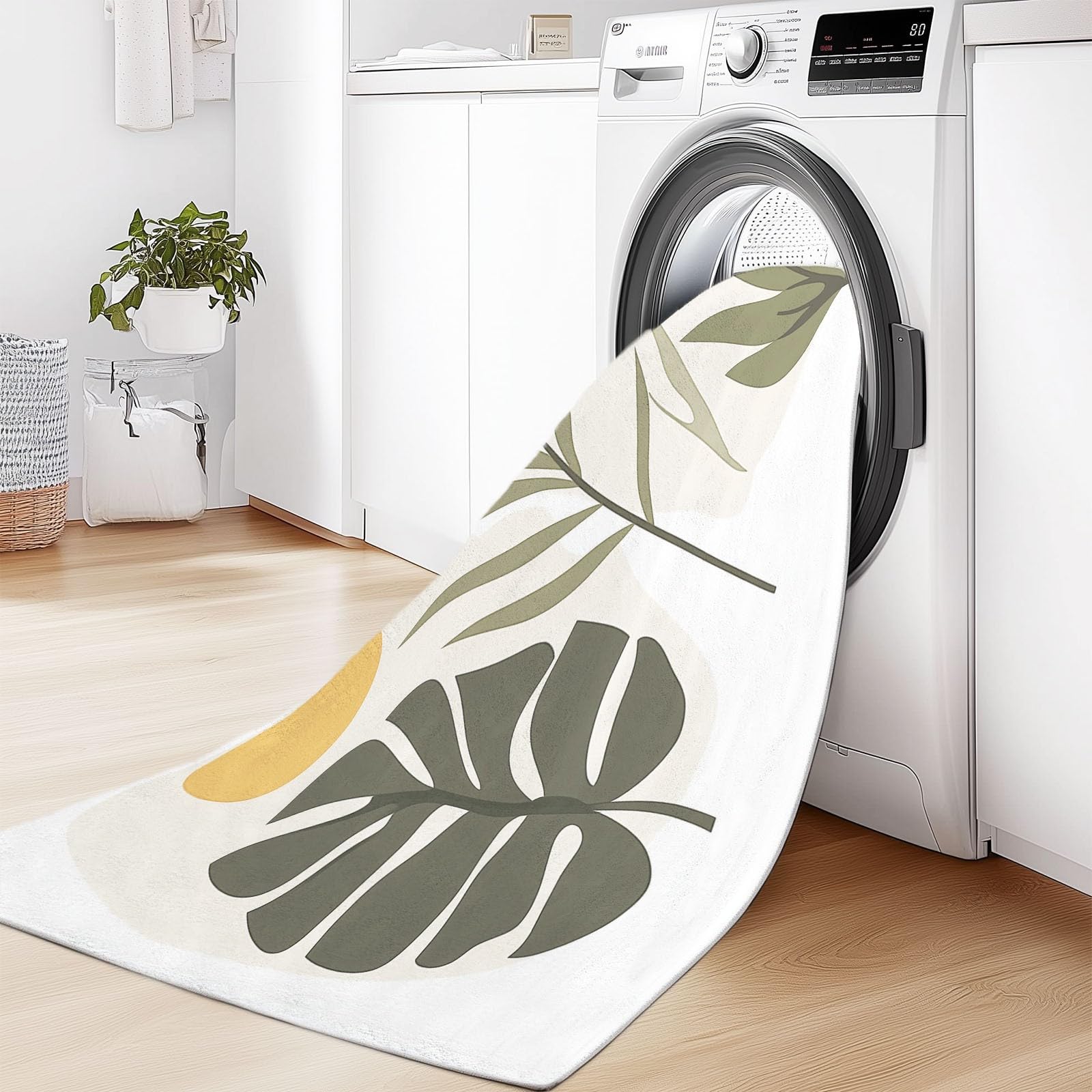 Tapis Descente de Lit Chambre Bohème Feuilles Tropicales Illustration, 60 x 110 cm Lavable Cachemire Ultrafin Tapis à Poils Courts avec Support Antidérapant, Décoratif Intérieur Blanc