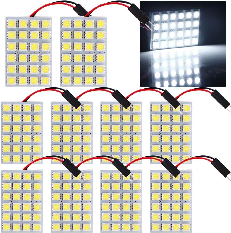 GrandviewTM White 10-Pack 5050 24SMD LED Panel Dome Light Auto Car Reading Interior Lamp license plate light(DC-12V) + T10 BA9S Festoon Adapter