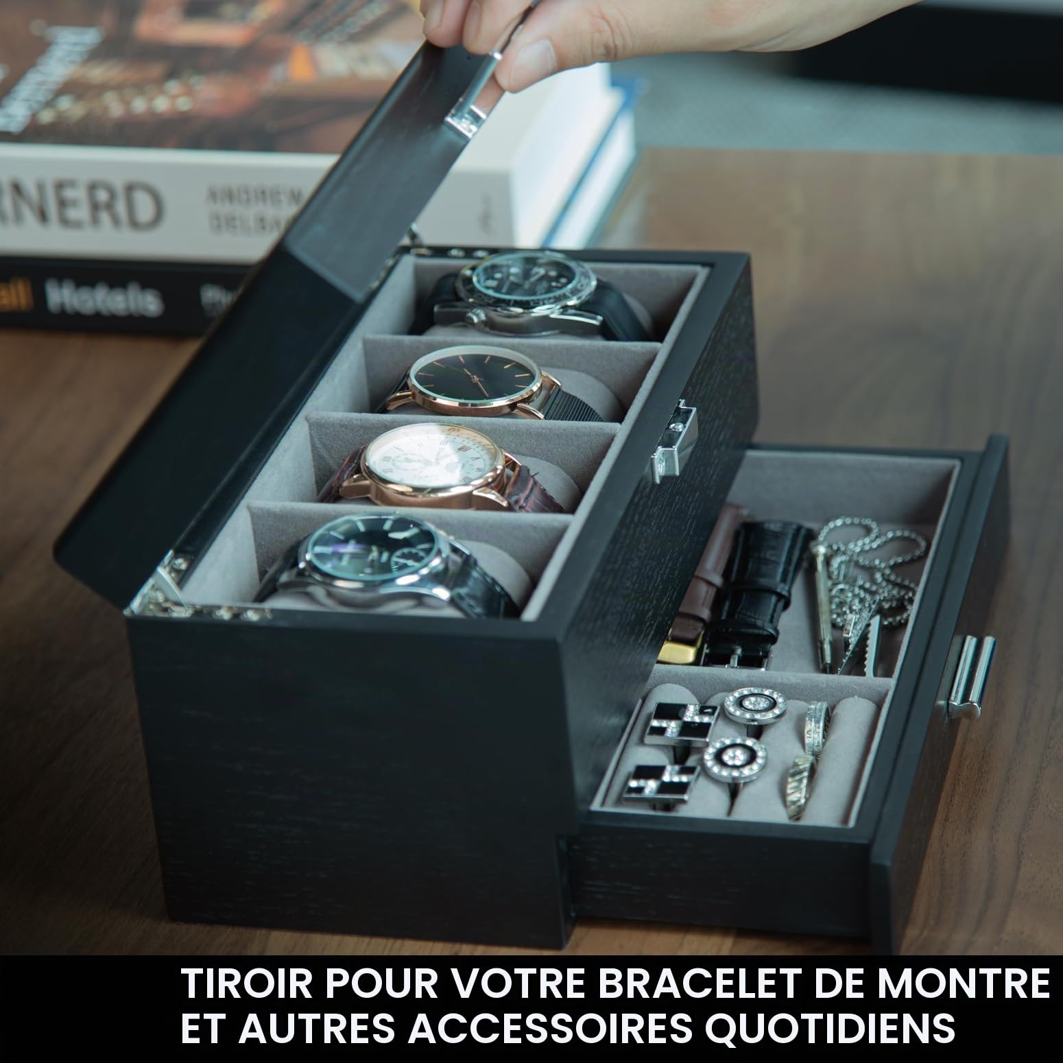 Slege Boîte à Montres en Bois,Fabriqué à Main,4 Emplacements avec Tiroir de Valet,Boîte à Montres pour Homme et Femme,Boîte de Rangement,avec Couvercle en Verre,Support de Montre,Watch Box Cadeau