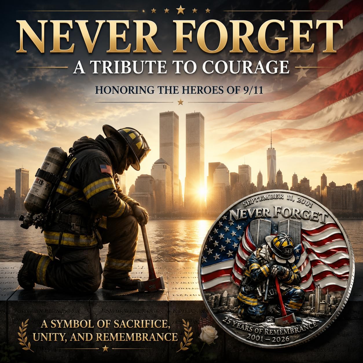 9/11 Never Forget Challenge Coin 25th Anniversary Commemorative Coin 343 Firefighter Memorial Coin Honor Heroes 9/11 2001 Patriotic Collectible Gift for Veterans First Responders (B 10PCS)