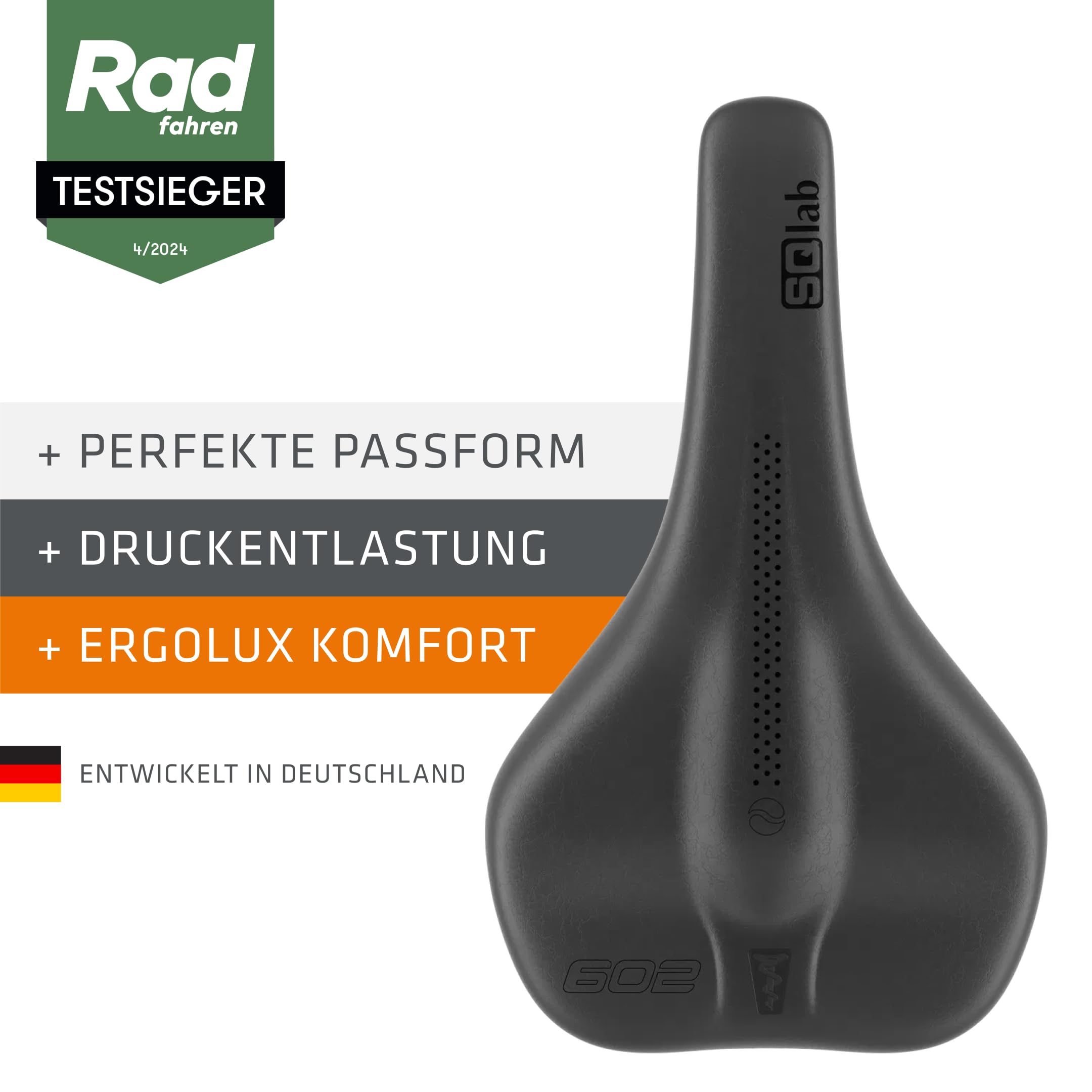 SQlab Sattel 602 Ergolux Active 2.1, Trekking & City Fahrradsattel, Unisex, in schwarz