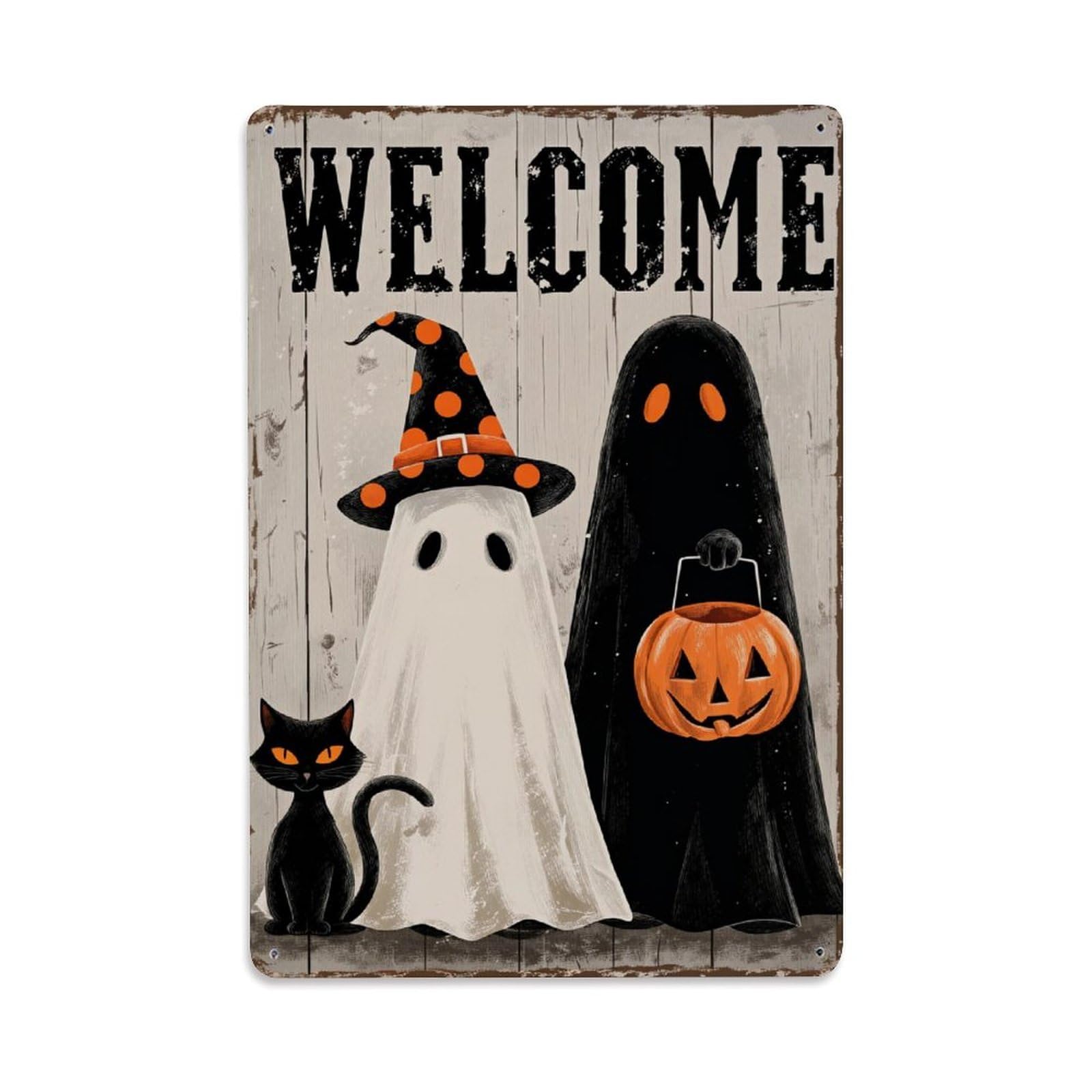 Enderetf Vintage Welcome Ghost Witch Cat Pumpkin Tin Sign Metal Poster, Home Bar Garage Man Cave Cafe Indoor & Outdoor Wall Decoration 8X12inches