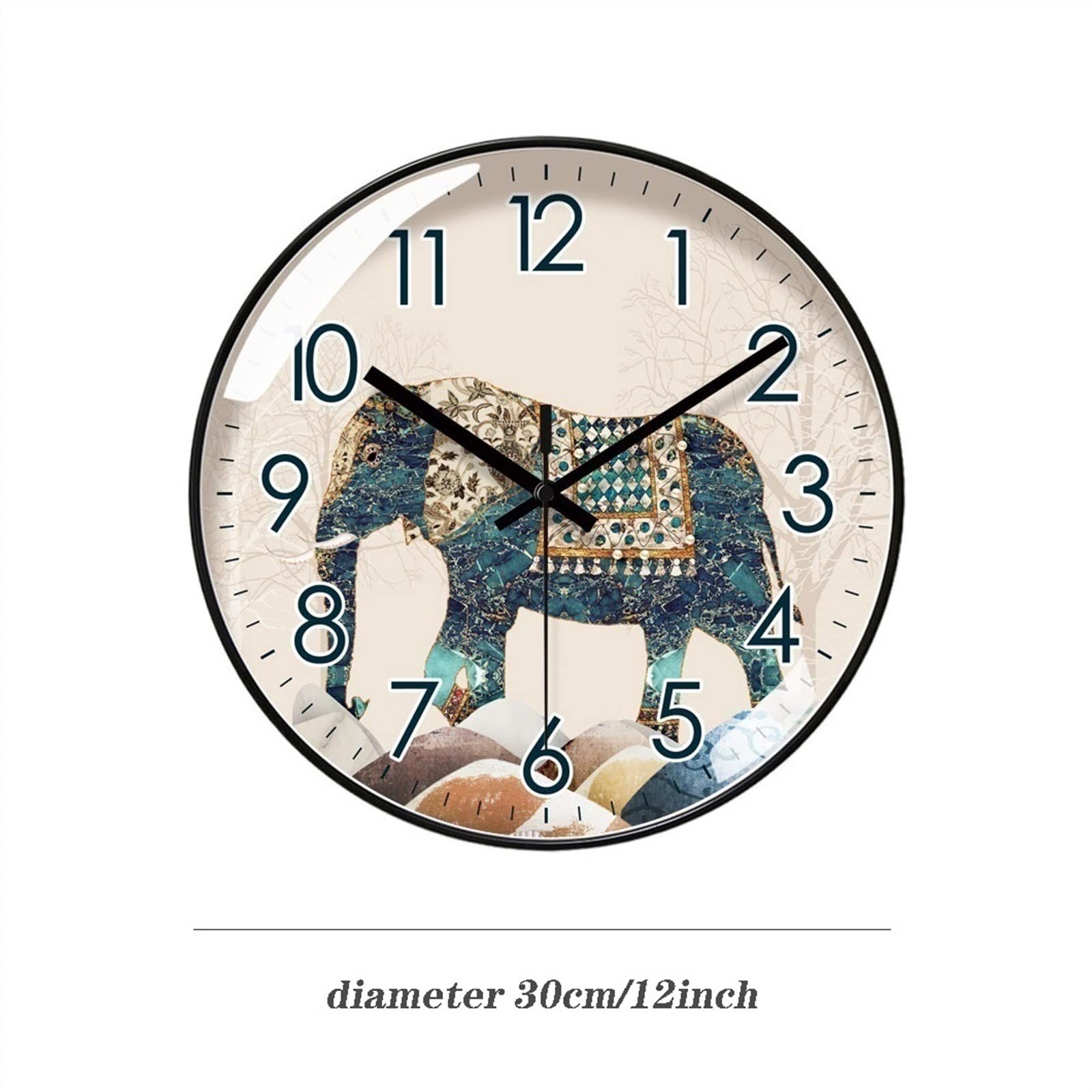 Horloge Murale silencieuse Horloge Murale Circulaire Simple à Motif d'éléphant créatif, Art déco, silencieuse, for Chambre à Coucher, 25cm/30cm/35cm décoration pour Salon,Bureau(12inch)