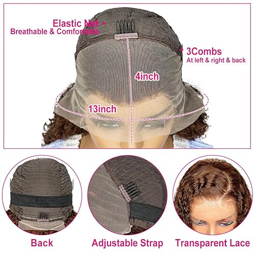 Miniatura 3 de Peluca de cabello humano rizado marrón claro de 13 x 4 pulgadas, peluca de cabello humano con encaje frontal transparente HD de 22 pulgadas, peluca