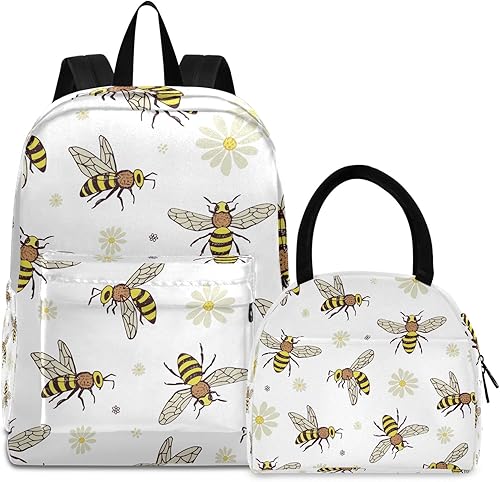 ODAWA Divertida mochila de animales navideños con lonchera adjunta para niños pequeños, Abeja Insectos Dibujos Animados Doodle-blanco