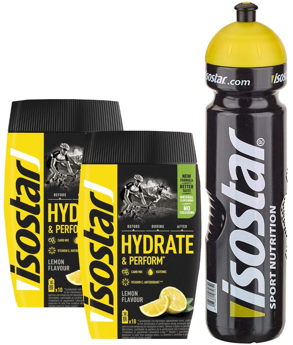 Isostar Hydrate & Perform - cytryna - 2 x 400 g proszku | 2 sztuki w opakowaniu + oryginalna butelka na napoje 1000 ml