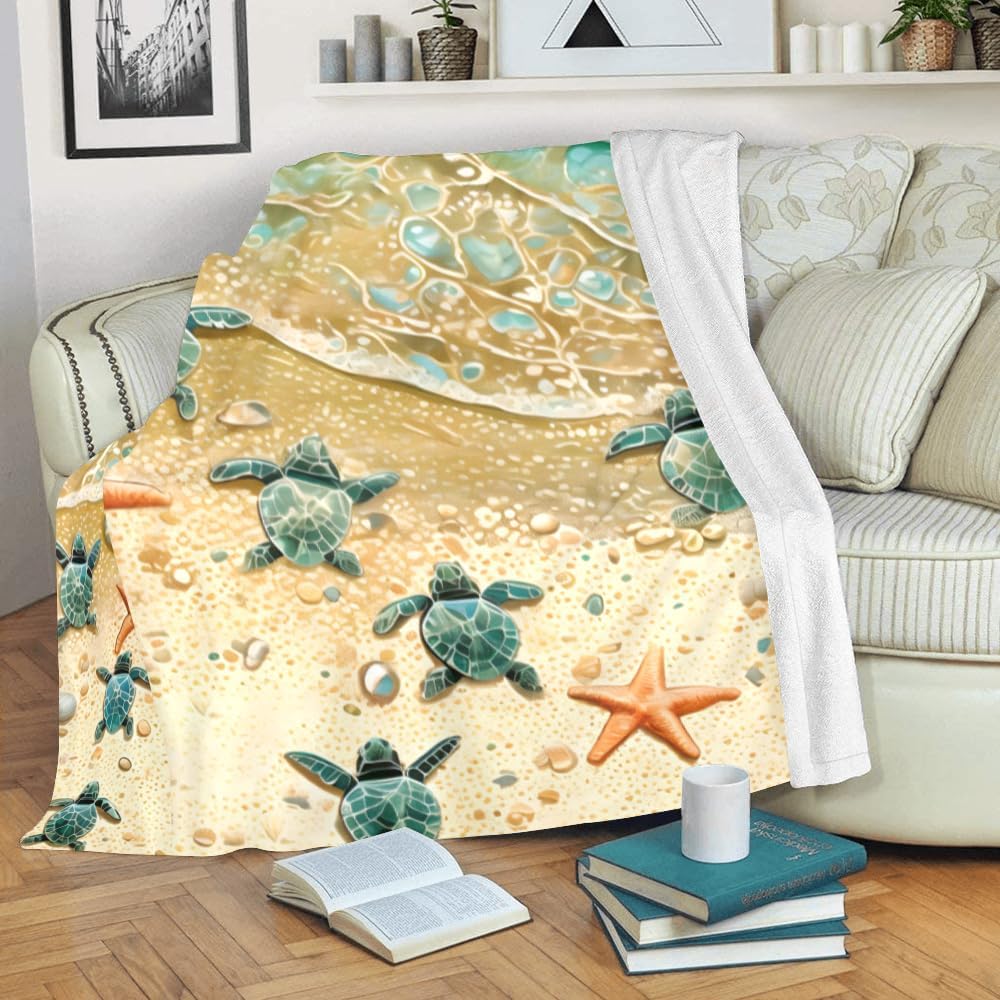 Custom Blanket with Name Text,Personalized Sea Turtle and Starfish Super Soft Fleece Throw Blanket for Couch Sofa Bed (50 X 60 inches)
