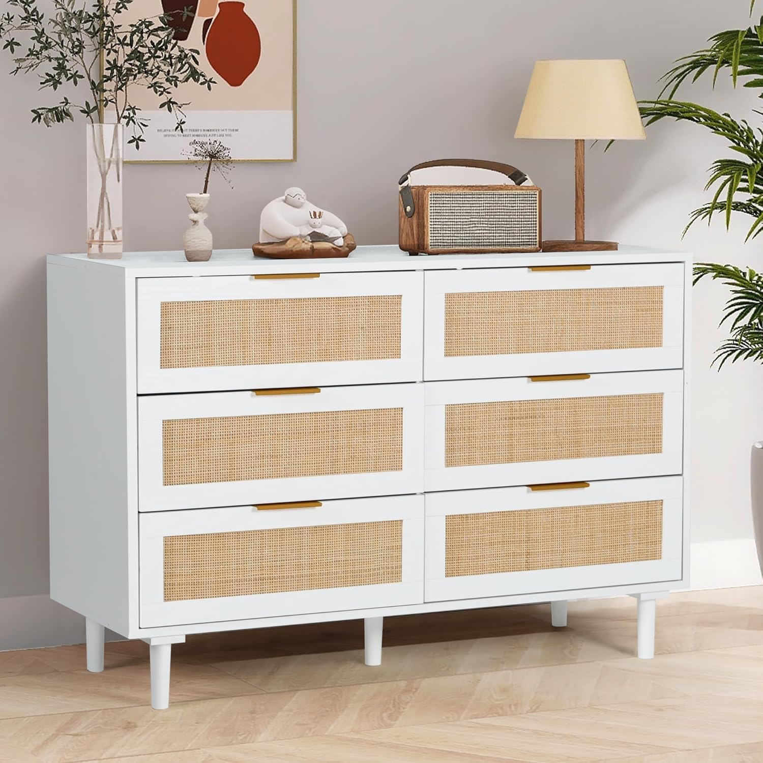 FUQARHY 6 Drawer Dresser Rattan Dresser Modern Chest with Drawers,Wood Storage Closet Dressers Chest of Drawers for Bedroom,Living Room,Hallway (White