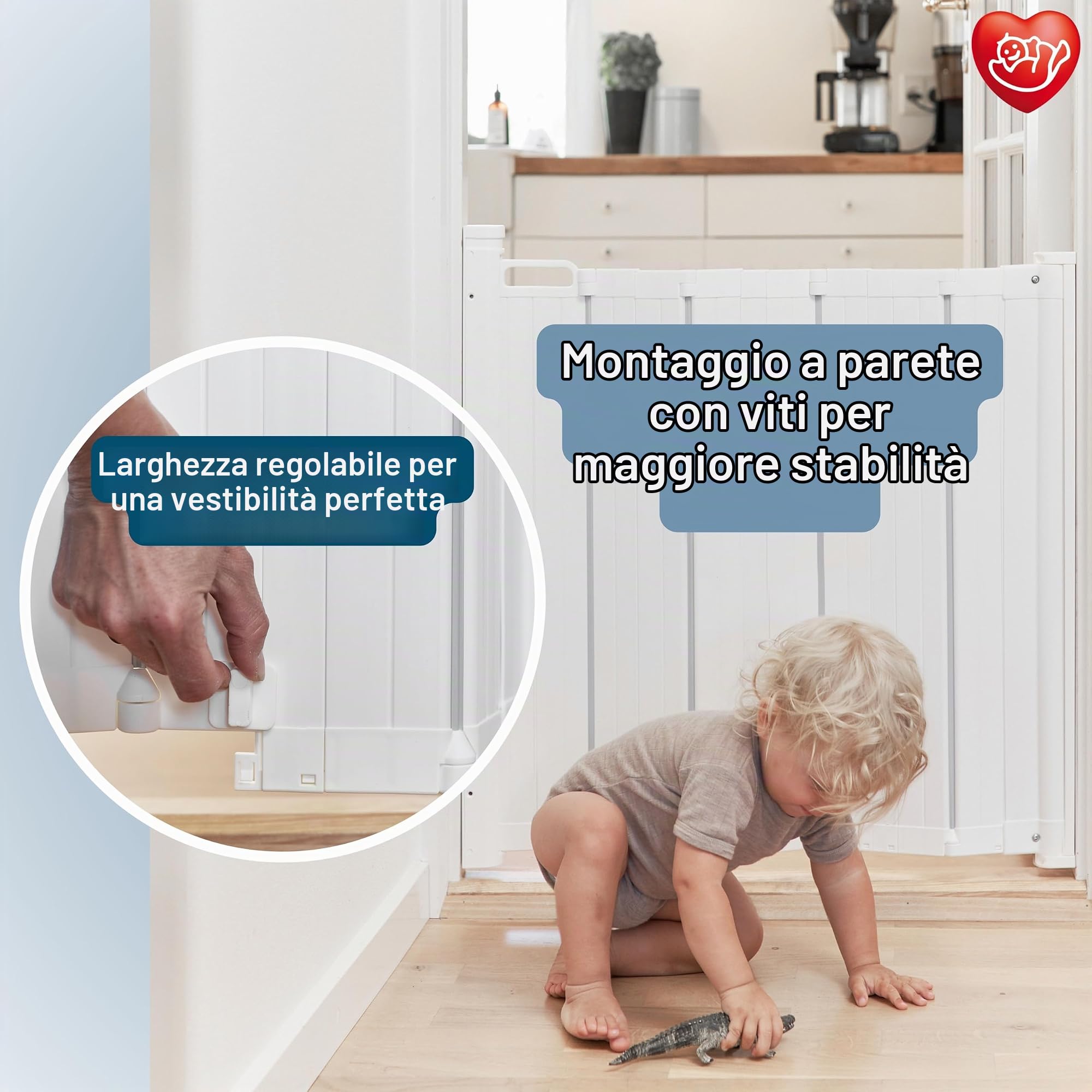 BabyDan Guard Me, cancelletto automatico a scomparsa per scale, larghezza 55-89 cm, con una sola mano, cancelletto per bambini e animali, bianco, Made in Denmark