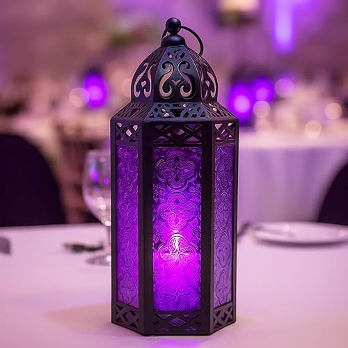 Miniatura 12 de Vela Lanterns - Farol portavelas decorativo, estilo marroquí, 3 piezas, cristal púrpura, tamaño mediano