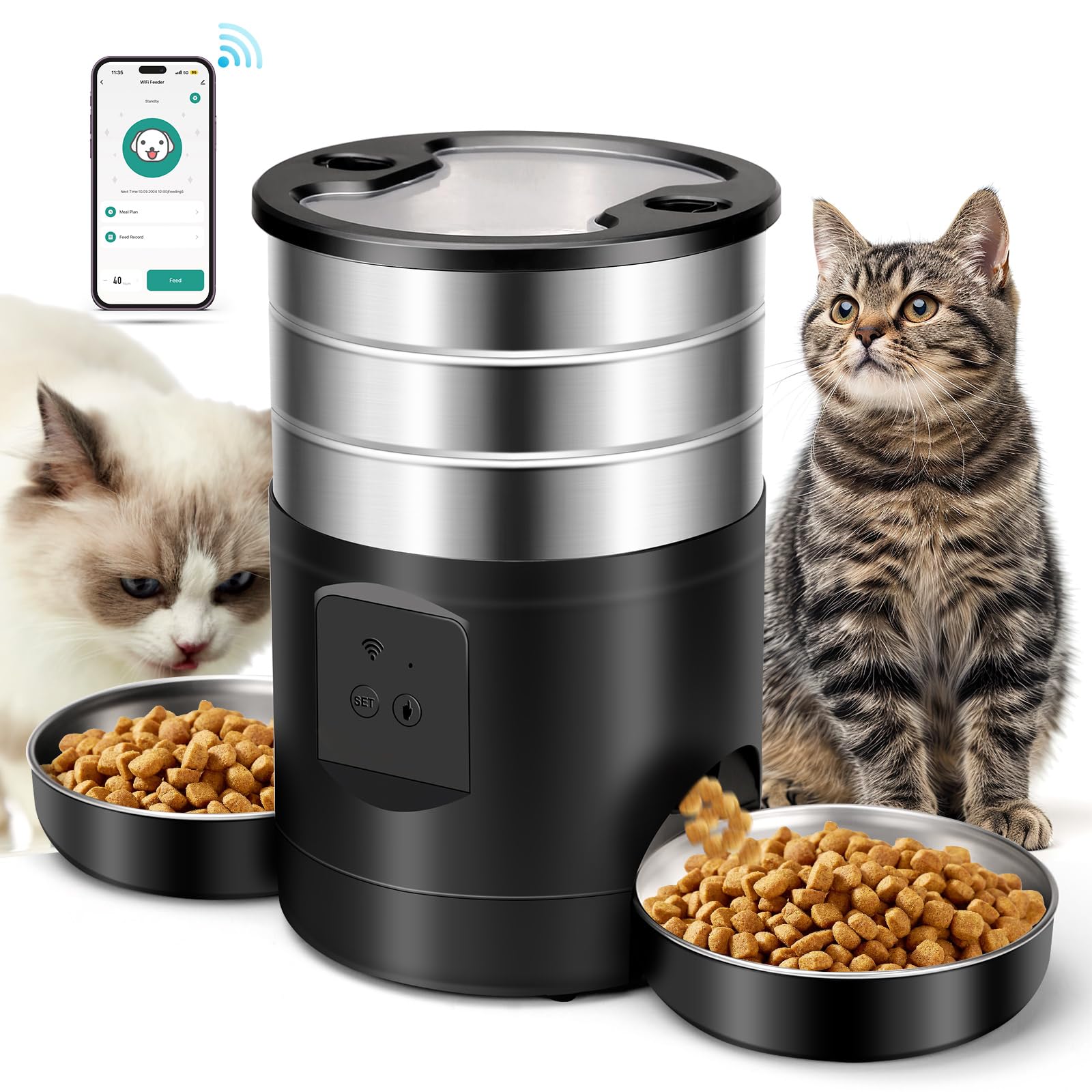 5L Comedero Gato Automatico 2 Tazones para Gatos Perros, 2.4G WiFi Acero Inoxidable Diseño Antiobstrucción Temporizador 24h Alimentación Personalizada1-40 Porciones, Dispensador Automatico Perro Gato