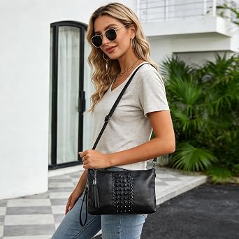 Black Clutch for Women PU Leather Small Handbags for Ladies Tassel Cross Body Shoulder Bag Rivets Crossbody Bag with Wrist Strap