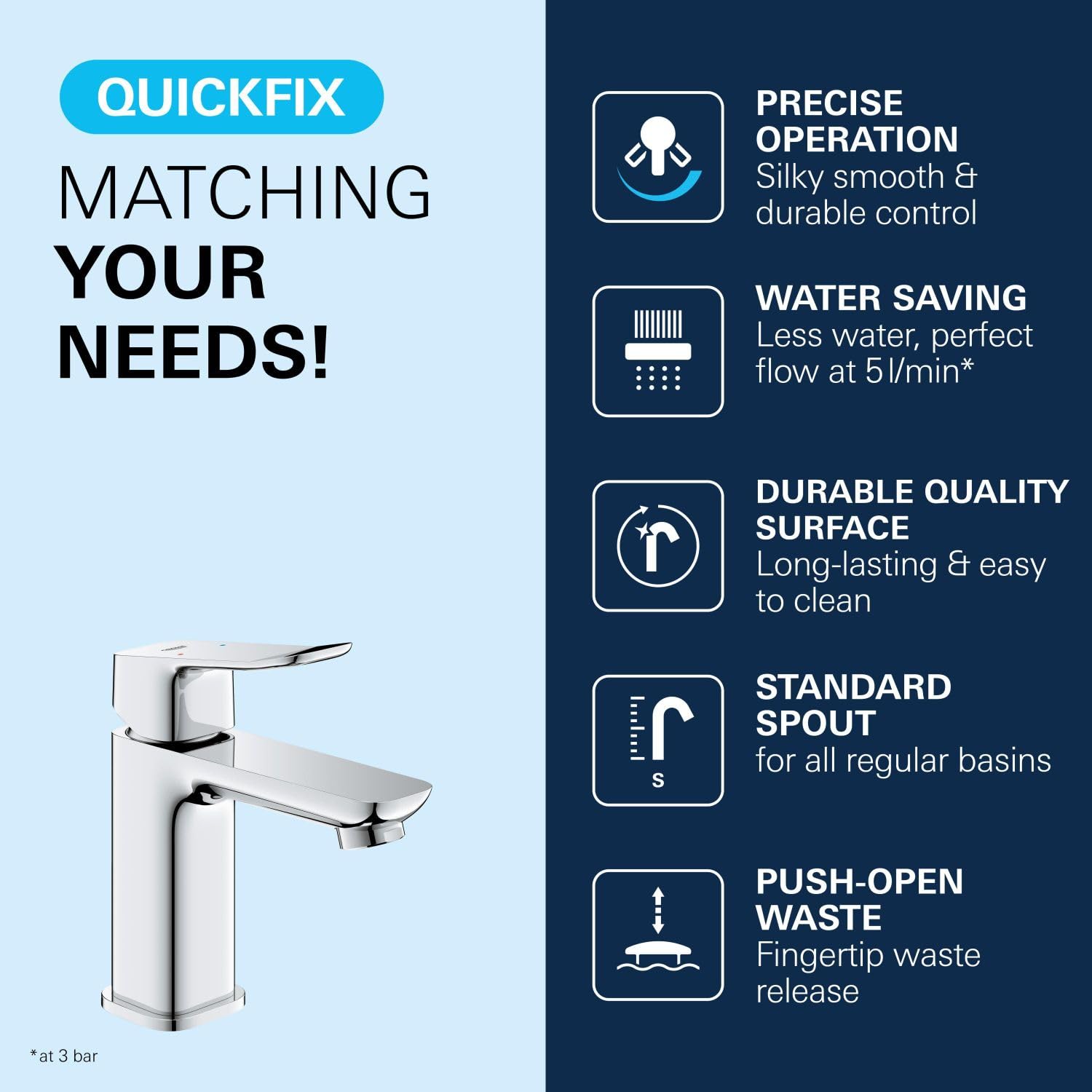 GROHE Dice Single Lever Basin Mixer Tap with Pop-Open Waste Set (S-Size 152 mm, 28 mm Ceramic Cartridge, Water Saving - Image 3