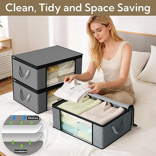 Miniatura 4 de Paquete de 12 bolsas organizadoras de ropa de 35 litros debajo de la cama, contenedores de almacenamiento plegables con ventana transparente y asas