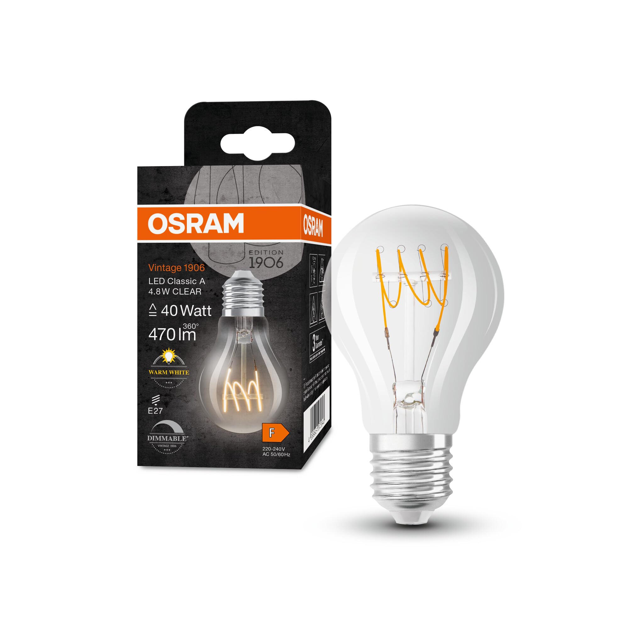 OSRAM Vintage 1906 Classic A Fil Led Lamp, E27, Bulb Shape, Clear, 4.8W, 470Lm, 2700K, Warm White Light, Dimmable, Ultra-Slim Filament, Very Low Energy Consumption, Long Life