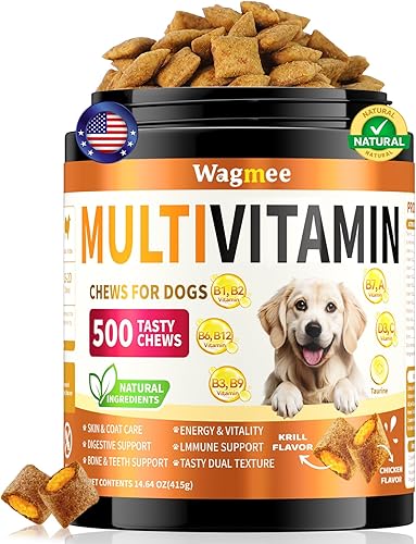 Multivitamínico para perros, 500 masticables crujientes y sabrosos, apoya la energía diaria, la salud del corazón, la piel y el pelaje con taurina,