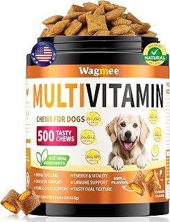 Dog Multivitamin, 500 Crunchy & Tasty Chew - Supports Daily Energy, Heart Health, Skin & Coat with Taurine, Krill Oil Omega-3, B Complex Vitamins & Zinc - Daily Multivitamin for All Breeds & Ages