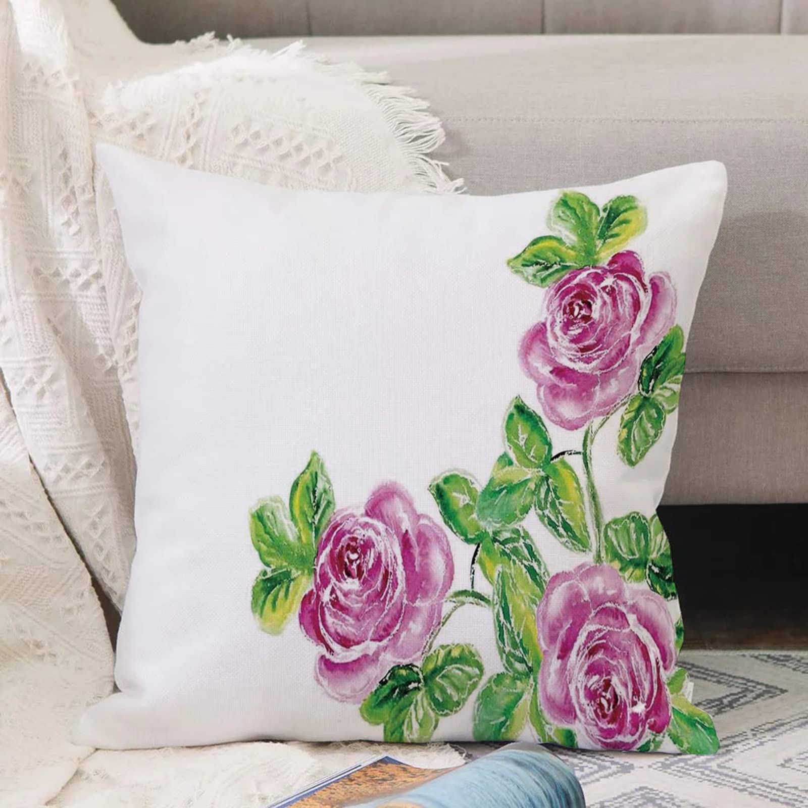 Kissenbezug Set 50x50 Cm – 2 Stück Mit Pfingstrosen Aquarell Design, Weicher Samt, Waschbar