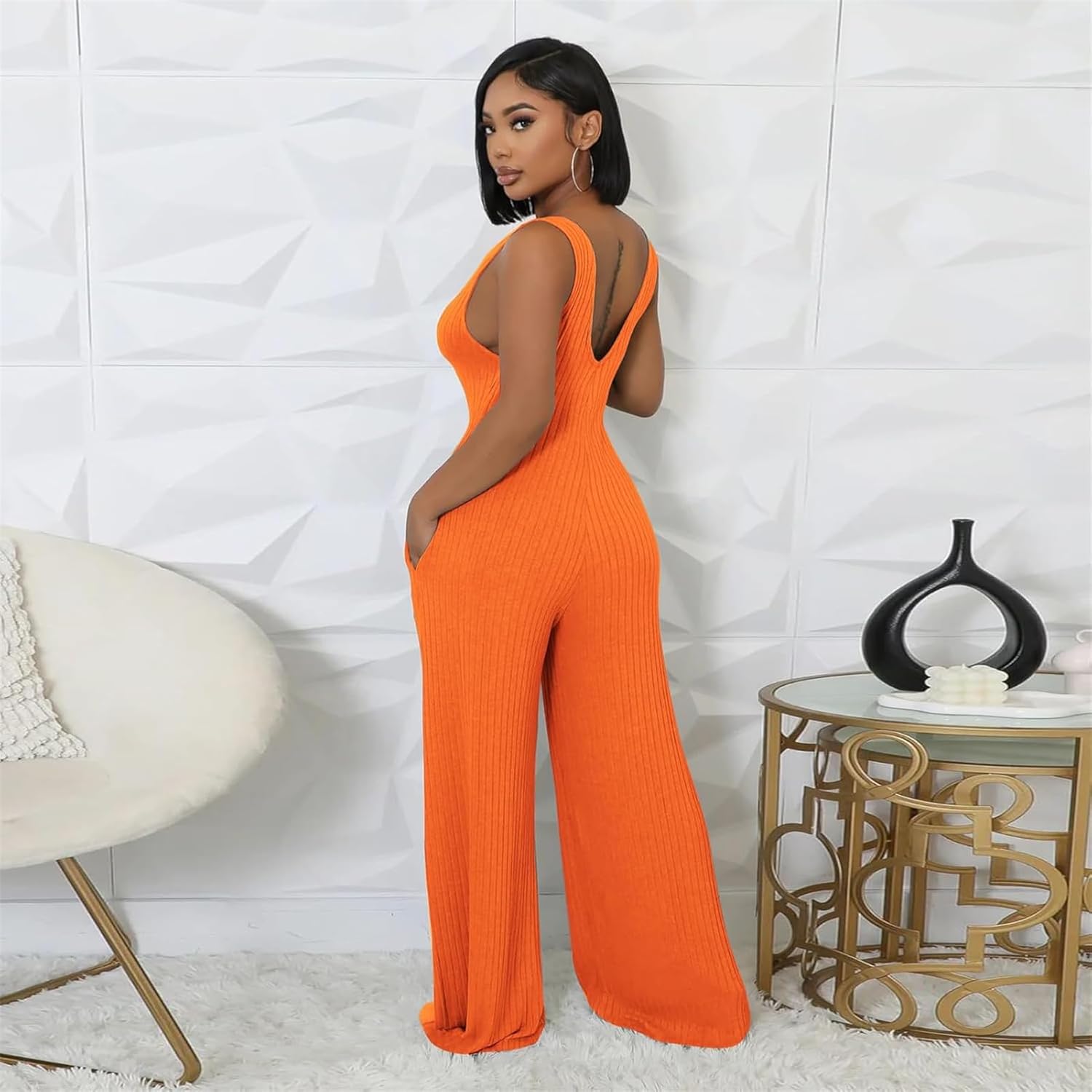 Women's Casual 2 Piece Outfits Ribbed Knitted Batwing Long Sleeve Cardigan Tank Wide Leg Jumpsuits Sets With Pocket - Image 3