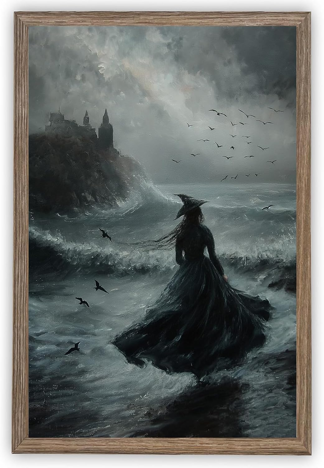 Wallvelart Black Angel Canvas Wall Art Gothic Woman Painting Angel Wings Canvas Art Devil Artwork Black Wing Picture Vintage Gothic Poster Vintage Moody Print Dark Academia Canvas 16x24inch Frame