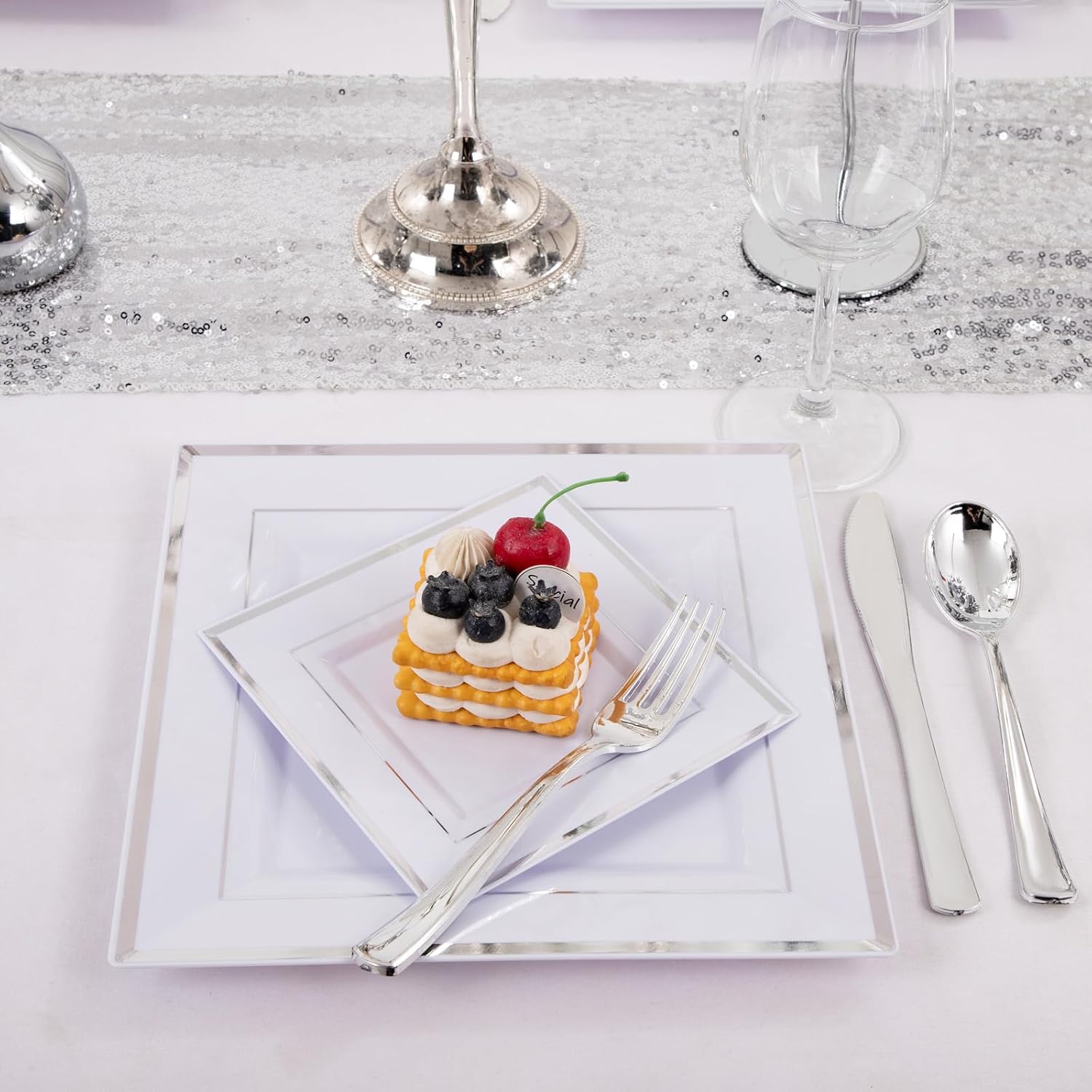 Liacere 100PCS White and Silver Square Plastic Plates - 50PCS Heavy Duty 9.5inch White Dinner Plate and 50PCS 6inch Dessert Plates-Silver Disposable Plate for Party＆Wedding (Pack of 2) image 3