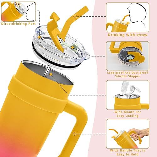 Miniatura 3 de Vaso de 30 onzas con asa, acero inoxidable de doble pared aislada al vacío, taza de viaje con dos tapas a prueba de fugas y pajita, taza de café de