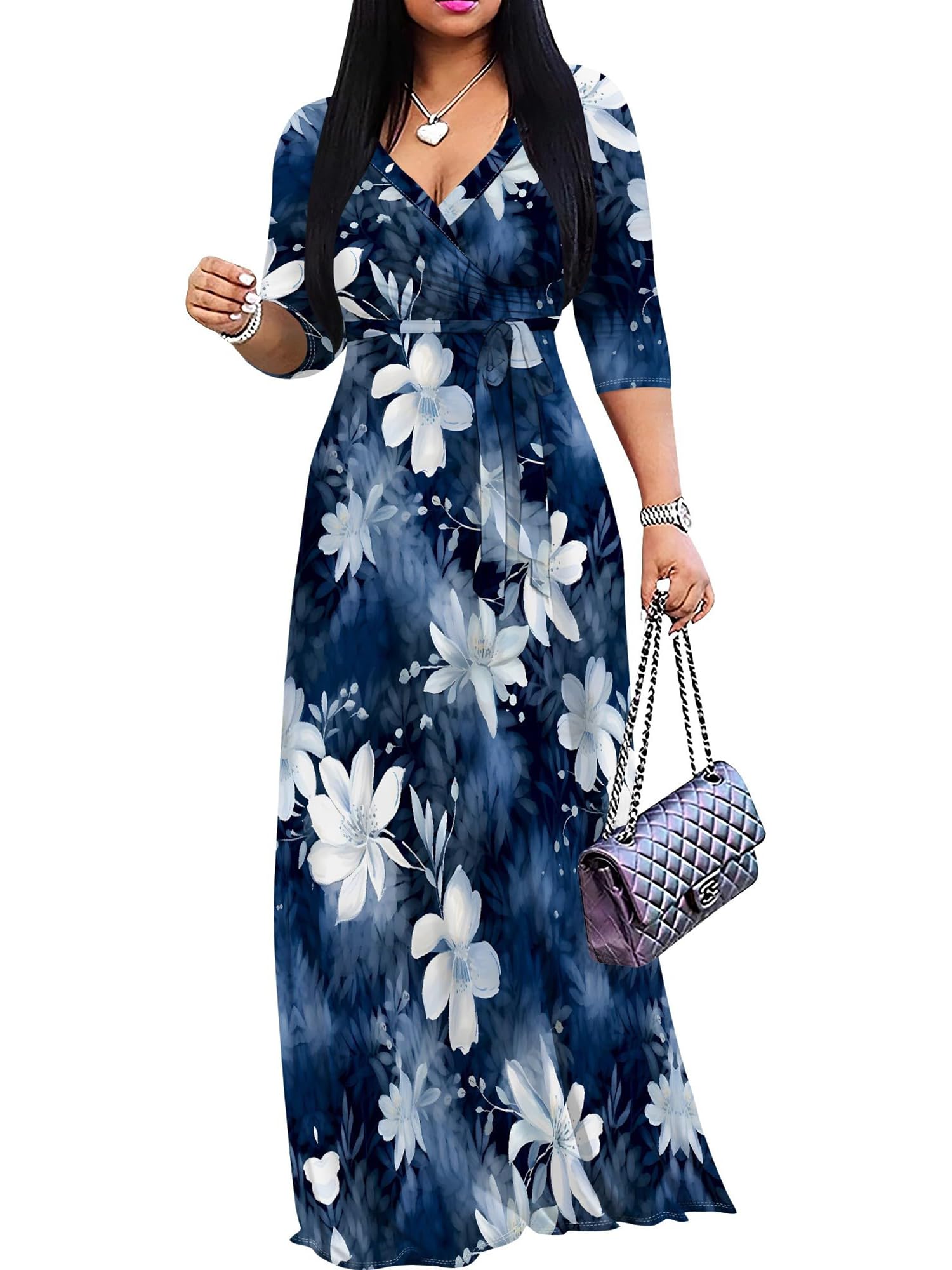 PinkPatty Women's Plus Size V Neck 3/4 Sleeve Boho Maxi Dress with Pockets | Boho printed maxi dress with pockets and tie waist for travel, vacations, weddings, church, parties, and daily wear