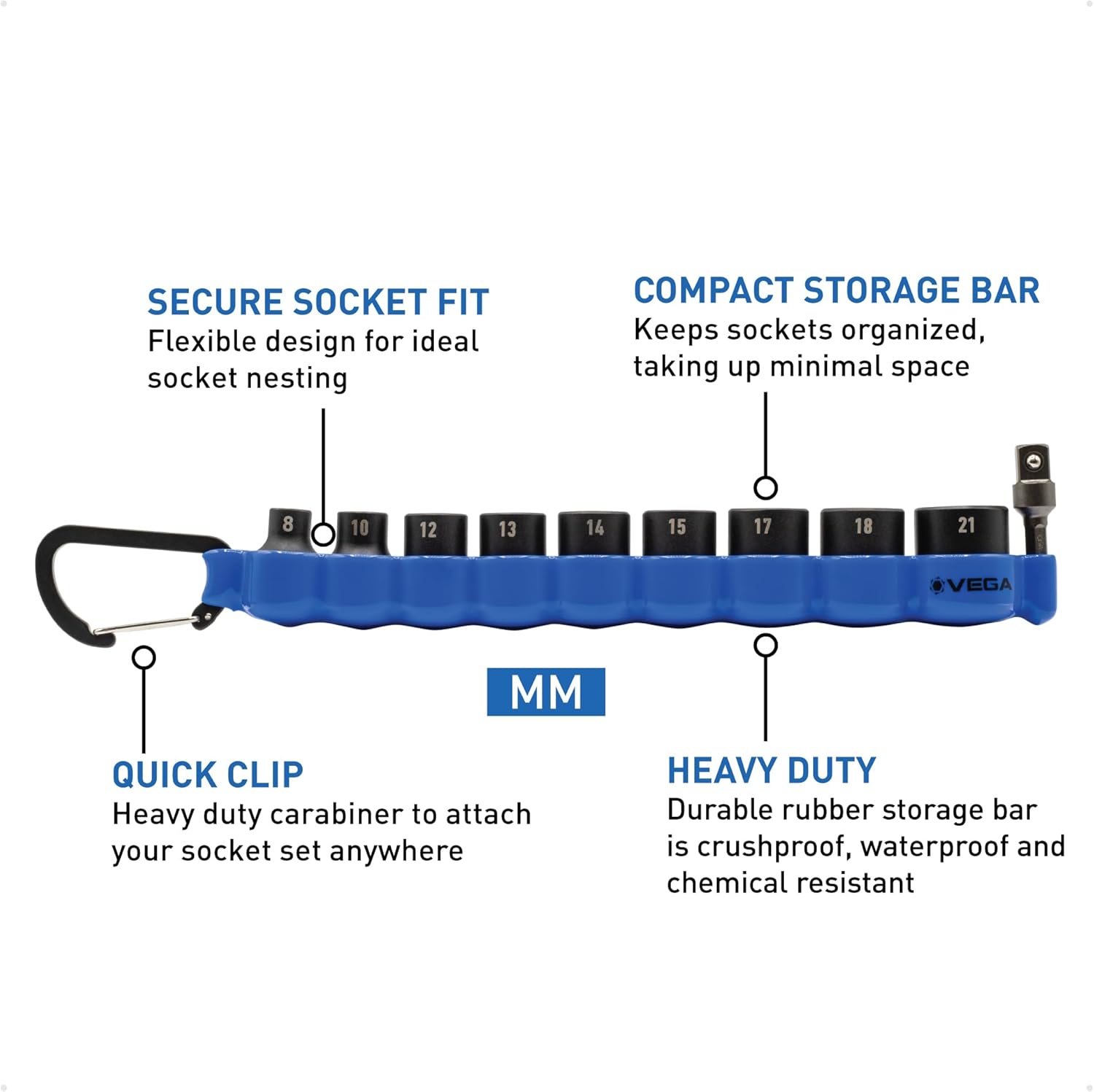 VEGA 3/8 Socket Set Metric - Mechanics Tool Set Impact Grade Socket and Socket Adapter. Includes Holder and Carabiner (10pc)