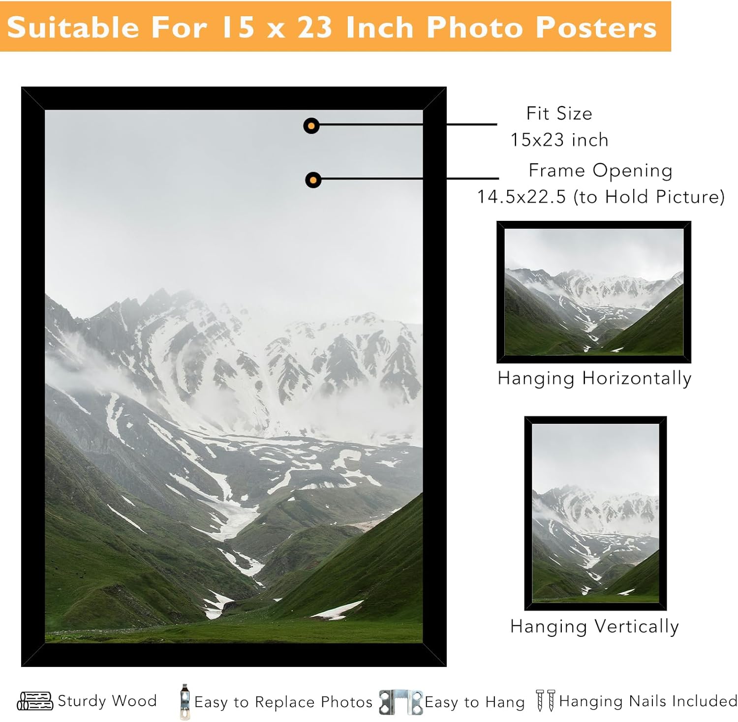 QOTIB 15x23 Picture Frame Black for Wall Mounting Set of 3, Horizontal and Vertical Formats for Wall Hanging, Wood 15x23 Frame, Black, 3 Pack 3 15x23
