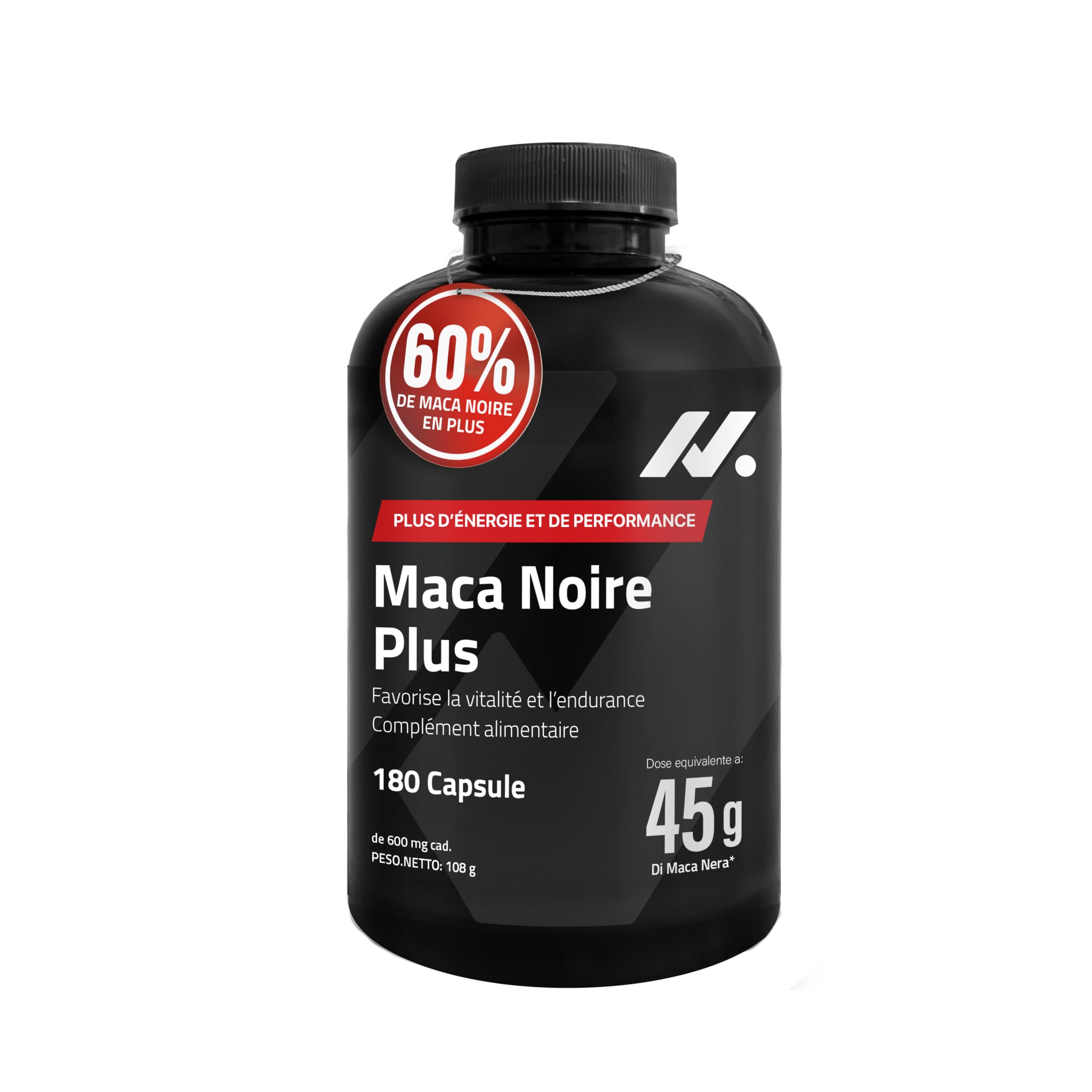 Maca noire 45 000 mg – 180 gélules végétaliennes – Énergie, vitalité et testostérone – Avec L-arginine, taurine, zinc, calcium et vitamine B6 – Qualité et sécurité des produits européens de l'UE