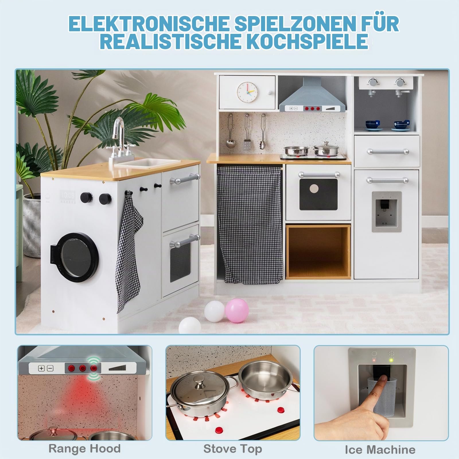 HOMASIS Kinderküche mit Licht & Sound, Spielküche Holz, Spielzeugküche inkl. Hocker & Küchenzubehör, Eckküche Puppenküche Spielset Kinderspiel Küchespielzeug-Set für Kinder ab 3 Jahren