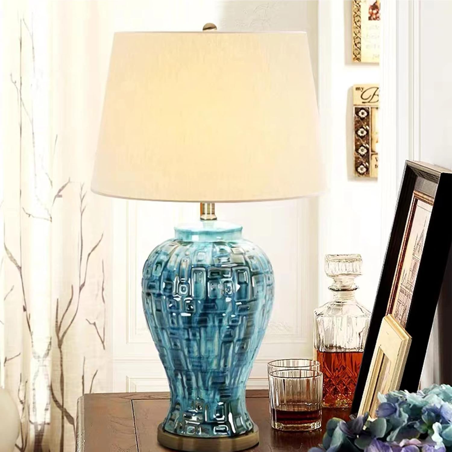 PURESILKS Modern Blue Ceramic & Linen Table Lamp with Off White Linen Drum Shade for Living Room, Bedroom, Home Office