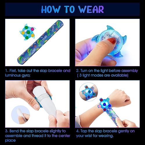 Miniatura 5 de SEKEAHU 25 juguetes giratorios iluminados + 25 pulseras de palmada, regalos de fiesta de Halloween de dinosaurios, rellenos de calcetines de Navidad