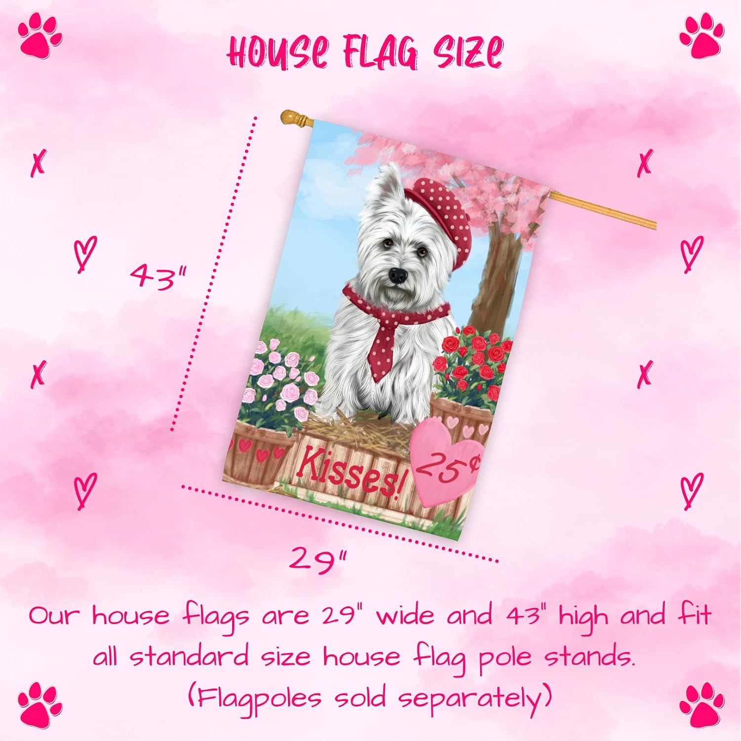 Rosie 25 Cent Kisses West Highland Terrier Dog House Flag - Outdoor Double Sided Pet Portrait Weather Resistant Premium Quality Home Decorative Flags - 100% Polyester 29"w x 43"h, HFLG49406