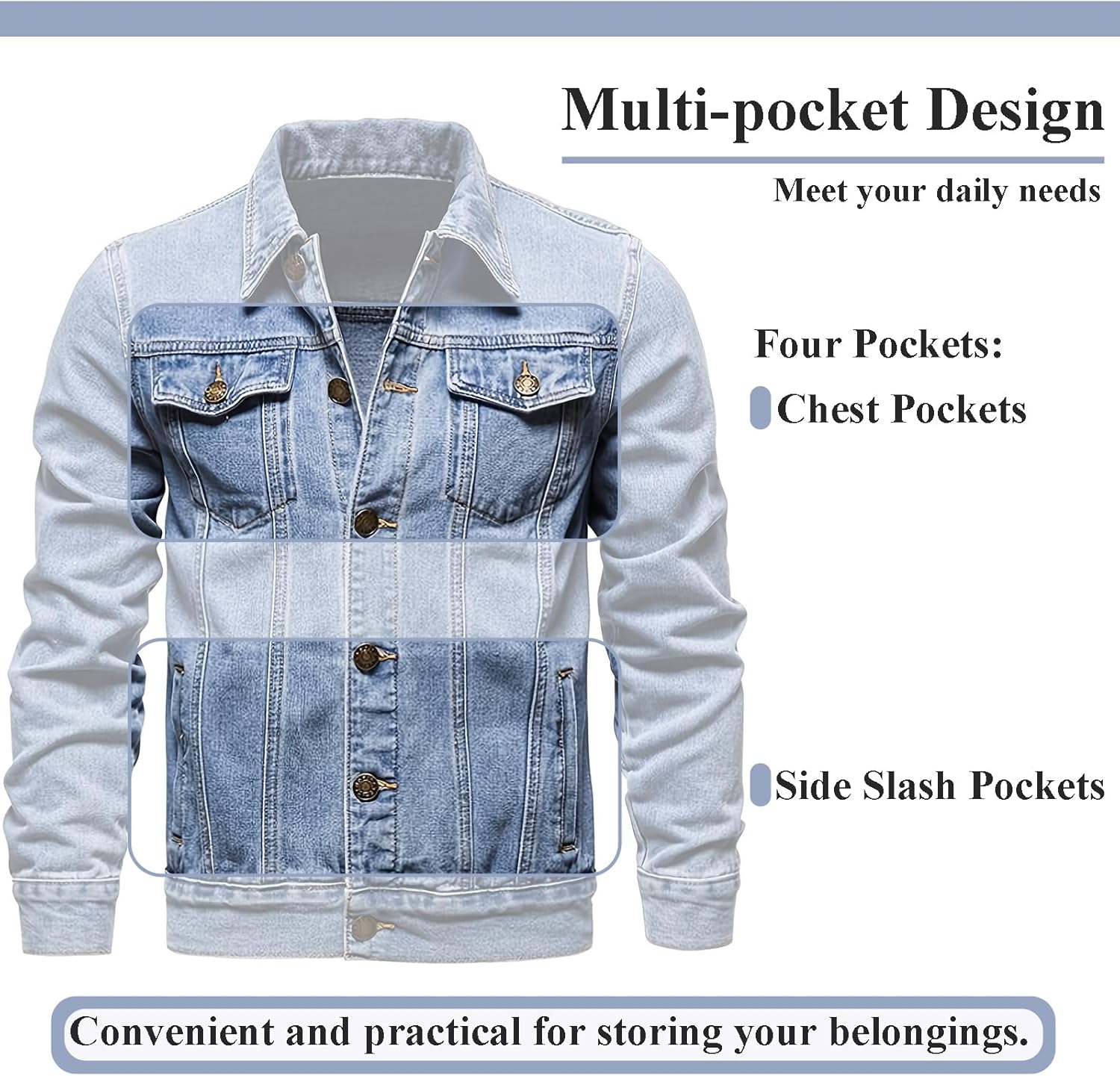 Men's Denim Jacket Vintage-Inspired Jean Jacket with Multiple Pockets - Cotton Blend, Machine Washable - Image 3