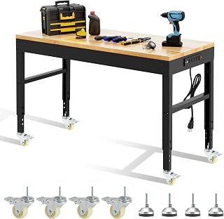 48" Heavy Duty Workbench 1800 Lbs Capacity Solid Wood Working Bench Adjustable Height Rolling Work Tables with Power Outlets for Garage Shop Home Office