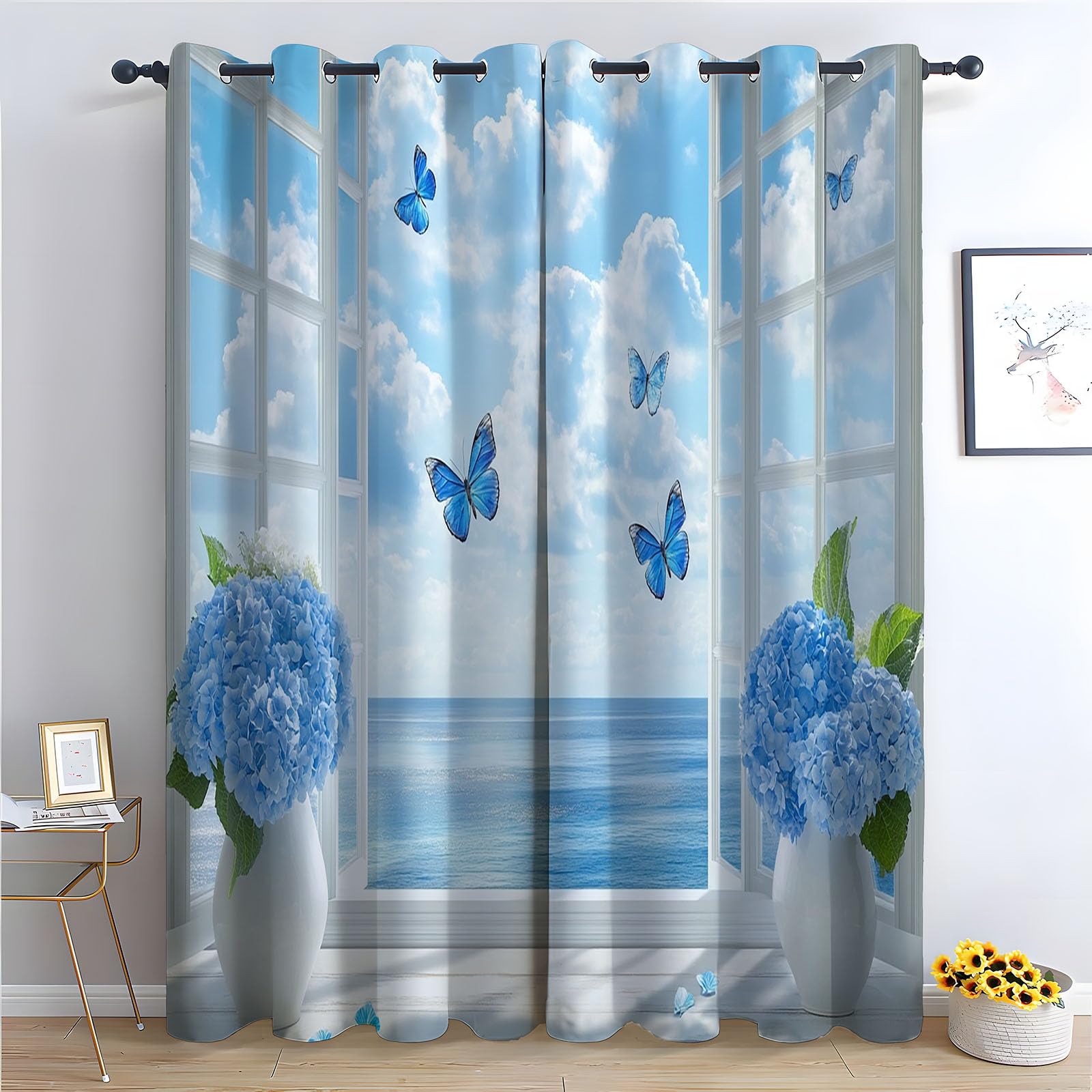 WQBQKKX 80% Blackout Curtains for Bedroom Ocean Green Patterned Curtains Vintage Art Deco Drapes Thermal Insulated Room Darkening Curtain-52 W x 108" L (Pack of 2)