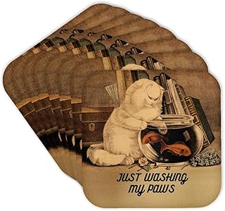 Set of 8 Coasters - Soft - Vintage Cat with Paws in Fishbowl Washing My Paws, 3DRAMM AMansMall Coronavirus Pandemic