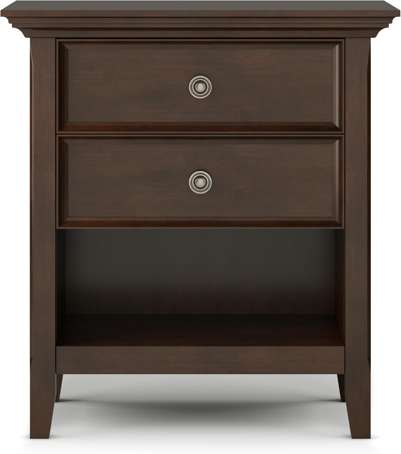 SIMPLIHOME Amherst Bedside Table - 24 inch Wide Solid Wood Nightstand Table in Russet Brown, Transitional Bedroom Side or End Table with 2 Drawers, Open Storage Shelf and Bronze Hardware
