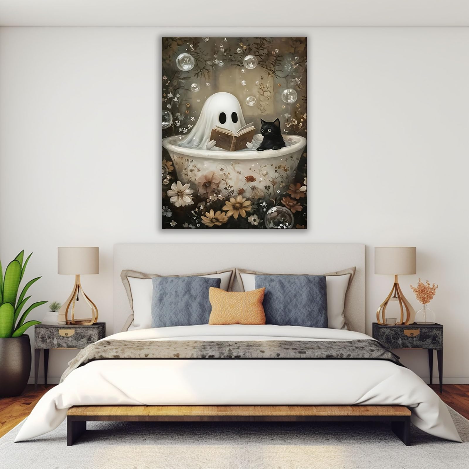 AMXBZC Halloween abstrakcyjny obraz ścienny książki kwieciste dzieła sztuki obraz Halloween akademik dekoracja ścienna, salon jadalnia obraz do dekoracji wnętrz (beżowy)-40x60cm oprawione