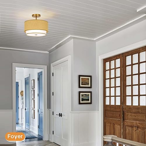 Miniatura 7 de Lámpara de techo estilo ratán tejida estilo bohemio, lámpara de techo cerrada de 12.6 pulgadas con diseño de tambor de 2 niveles para dormitorios,