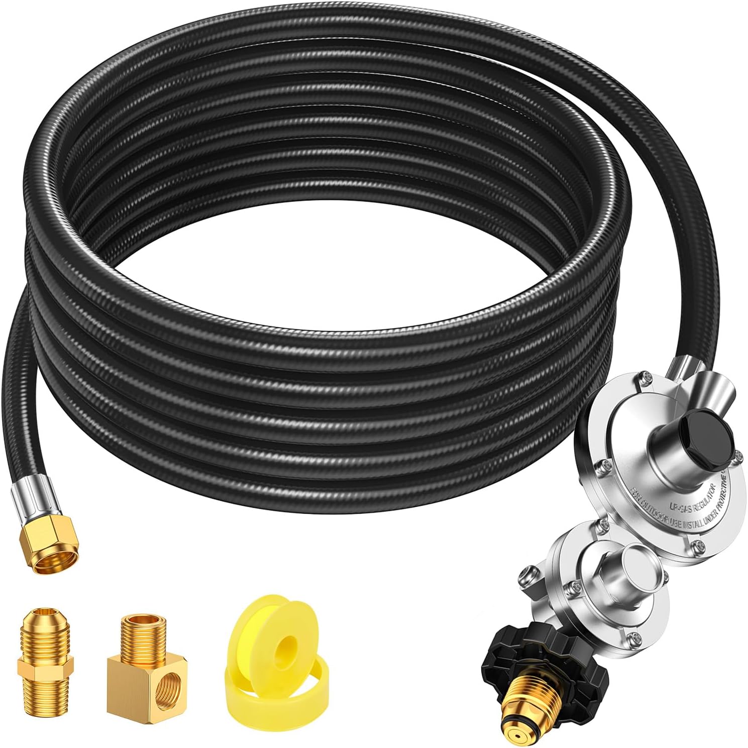 12FT Two Stage Propane Regulator Hose with POL & 3/8" Female – Dual Stage LP Gas Regulator for Grill, RV, Stove, Fire Pit, Generator Heater– CSA Certified, 3/8" Female x Male Street Elbow
