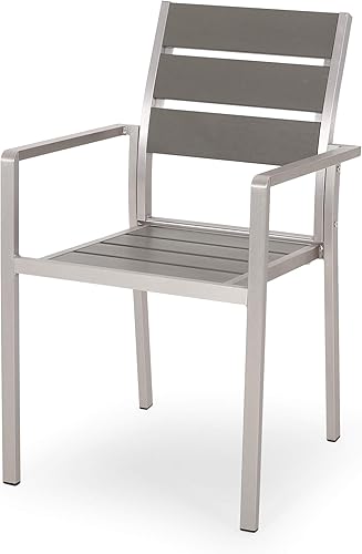 Miniatura 5 de GDFStudio Silla de comedor de aluminio moderna para exteriores con asiento de madera sintética (juego de 2), gris y plateado