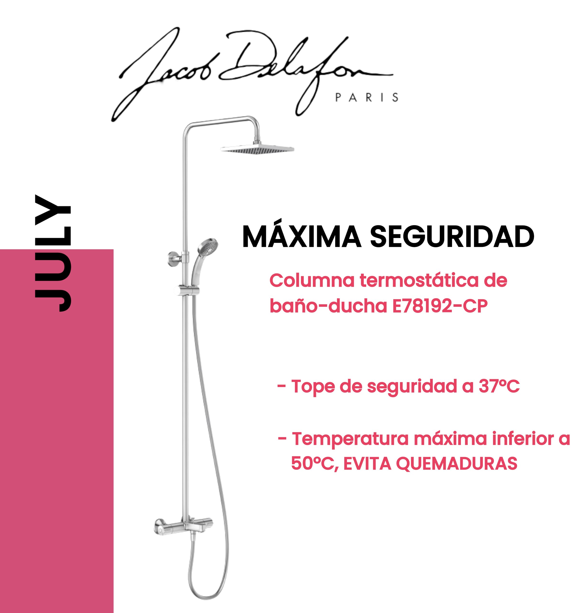 JACOB DELAFON Columna termostática de baño-ducha Cabezal cuadrado efecto lluvia Ducha de mano con 4 funciones Altura ajustable Latón Cromado JULY E78192-CP