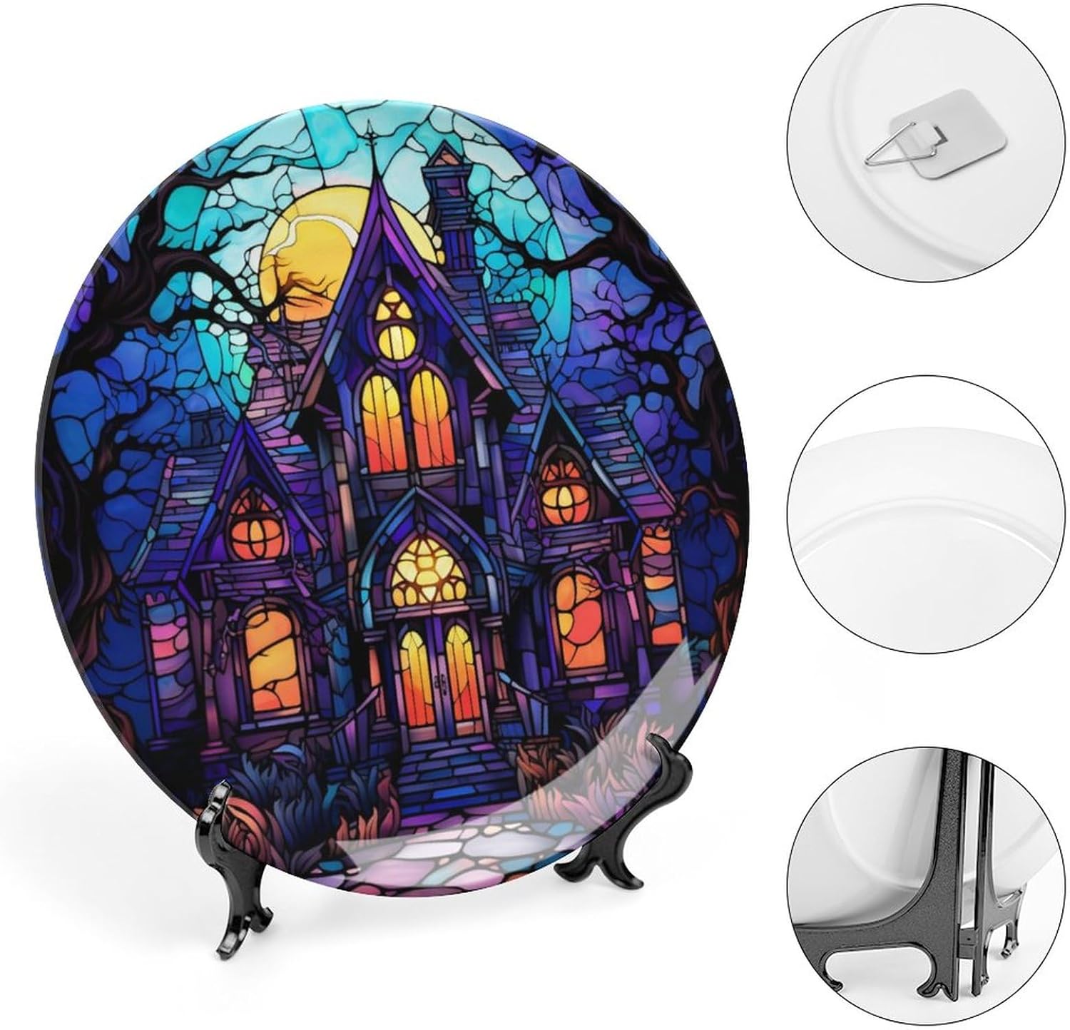 Decorative Plates for Home Decor, Haunted House Stained Glass Painting Decor Tray for Table Display, Ceramic Dinner Plate W/Stand, Living Room Dining Room Decor, Gifts for Halloween, 7 Inch
