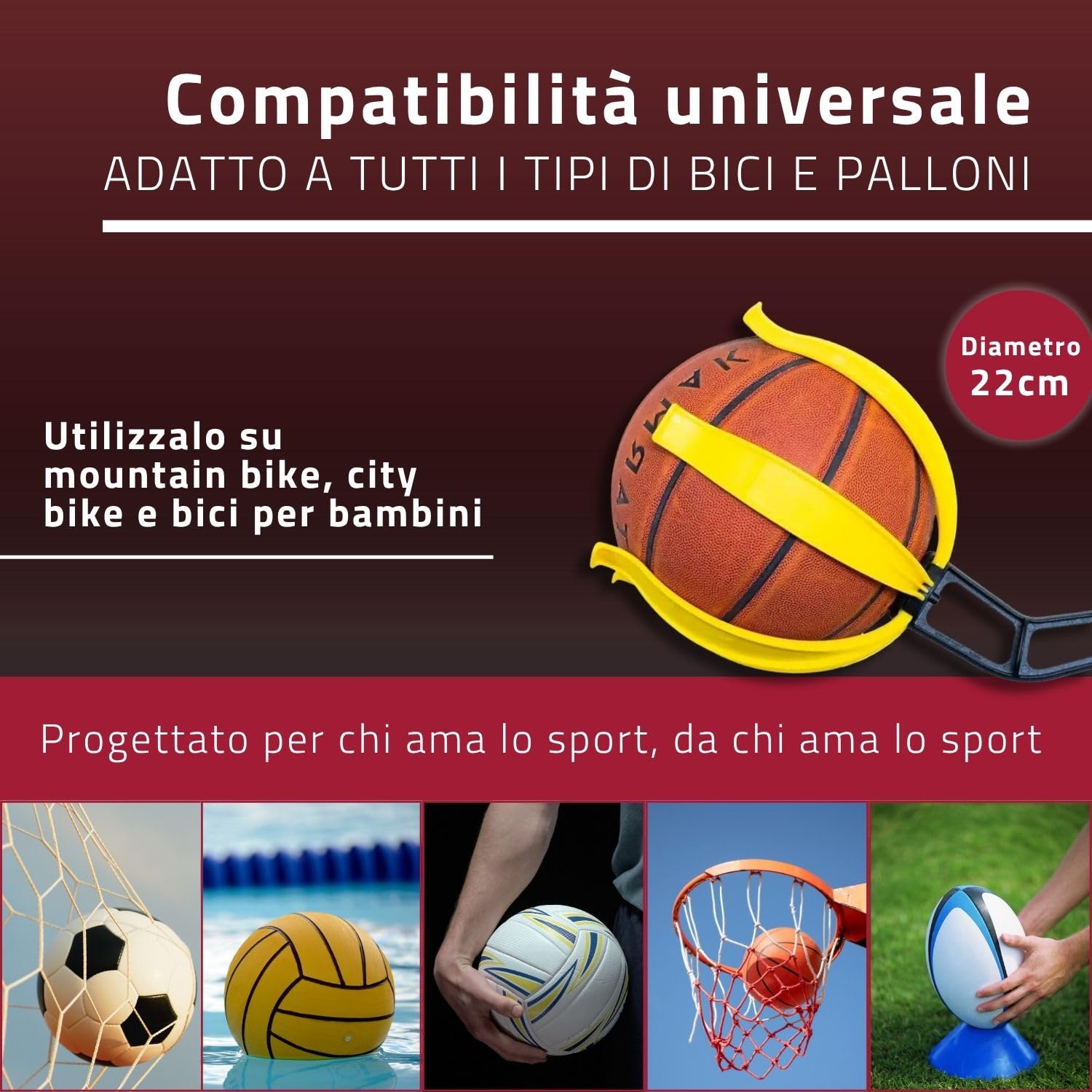 Porta Pallone da Bicicletta, Dispositivo per la Sicurezza di Bambini e Ragazzi, Supporto di Facile Applicazione, Adatto a Palloni da Calcio, Pallvolo, Basket e Rugby