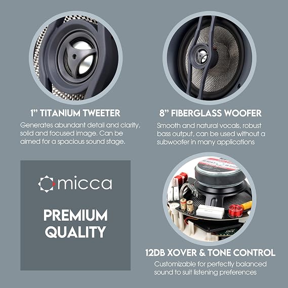 Micca R-8C Reference 8-Inch 2-Way in-Ceiling Speaker, Round, Each, White | 9.5-Inch Cutout, Home Theater, 8 Carbon-Glass Woofer and 1 Aimable Aluminum-Dome Tweeter, Tone Controls, Low Profile Grille